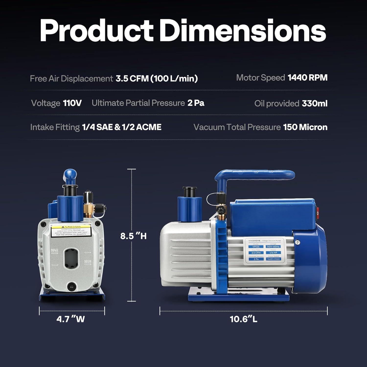 imageVIVOHOME 13 HP 45 CFM 1 Stage A2L HVAC Vacuum Pump Sparkless Motor for R32 R1234yf R454B R134a R22 R410a Systems Auto AC Vacuum Pump for Air Conditioner Refrigeration Maintenance with Oil Bottle35 CFM
