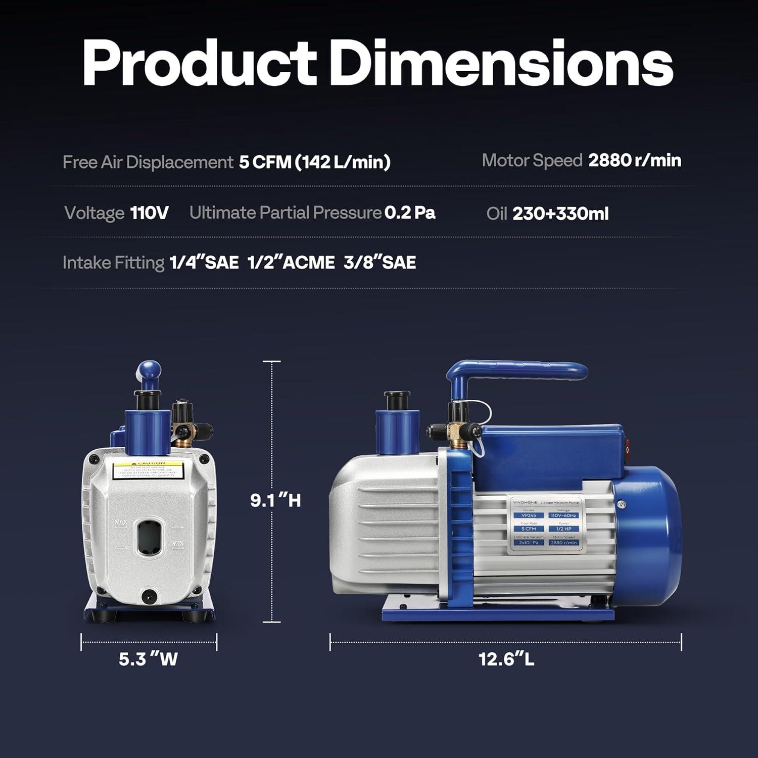 imageVIVOHOME 13 HP 45 CFM 1 Stage A2L HVAC Vacuum Pump Sparkless Motor for R32 R1234yf R454B R134a R22 R410a Systems Auto AC Vacuum Pump for Air Conditioner Refrigeration Maintenance with Oil Bottle5 CFM