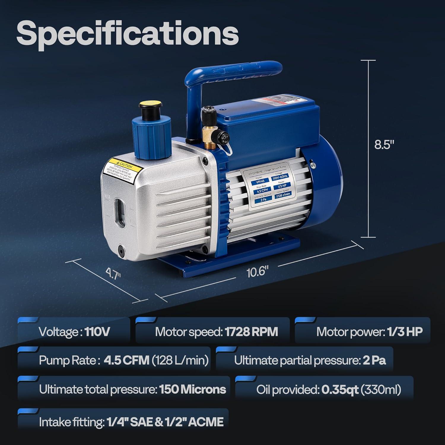 imageVIVOHOME 13 HP 45 CFM 1 Stage A2L HVAC Vacuum Pump Sparkless Motor for R32 R1234yf R454B R134a R22 R410a Systems Auto AC Vacuum Pump for Air Conditioner Refrigeration Maintenance with Oil Bottle45 CFM
