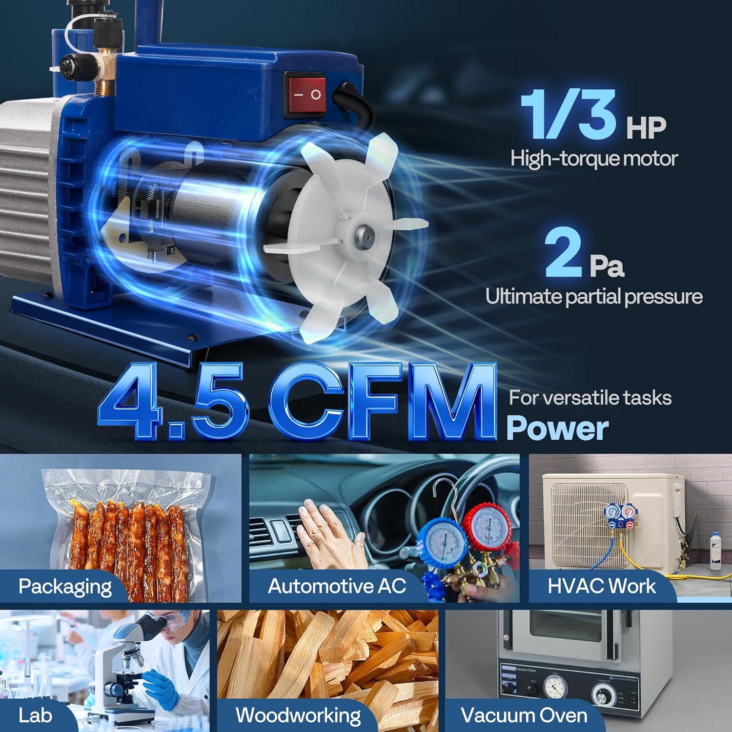 imageVIVOHOME 13 HP 45 CFM 1 Stage A2L HVAC Vacuum Pump Sparkless Motor for R32 R1234yf R454B R134a R22 R410a Systems Auto AC Vacuum Pump for Air Conditioner Refrigeration Maintenance with Oil Bottle45 CFM