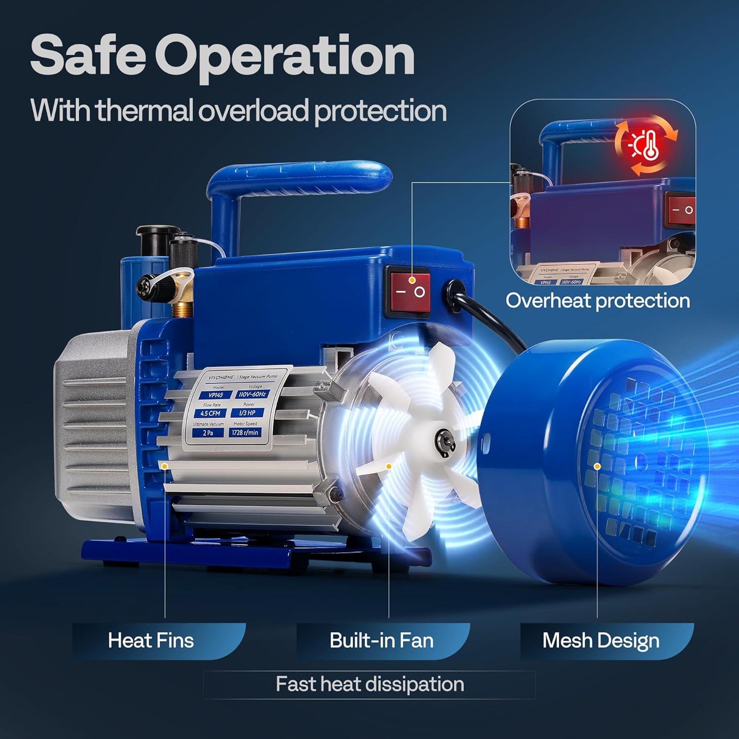 imageVIVOHOME 13 HP 45 CFM 1 Stage A2L HVAC Vacuum Pump Sparkless Motor for R32 R1234yf R454B R134a R22 R410a Systems Auto AC Vacuum Pump for Air Conditioner Refrigeration Maintenance with Oil Bottle45 CFM