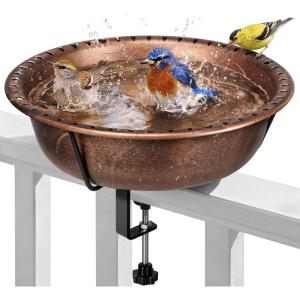 imageVIVOHOME Deck Mounted Bird Bath for Outside WeatherResistant ABS Bird Bath and Feeder with Adjustable Metal Clamp for Railing Fence Balcony 145 Gallons BronzeBronze