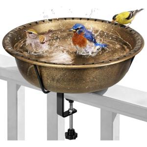 imageVIVOHOME Deck Mounted Bird Bath for Outside WeatherResistant ABS Bird Bath and Feeder with Adjustable Metal Clamp for Railing Fence Balcony 145 Gallons BronzeCopper