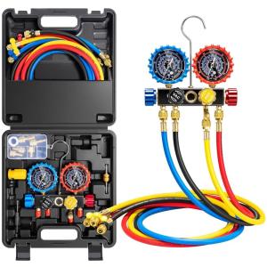 imageVIVOHOME HVAC Manifold Gauge Set for R410a R454B R32 R22 Refrigerant 4 Valve Residential Household AC Gauges with 5ft Hoses for Freon Charging and Evacuation