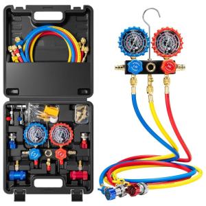 imageVIVOHOME HVAC Manifold Gauge Set for R134a R1234yf R454B R410a R32 Refrigerant Automotive Residential AC Gauges with 5ft Hoses R134a R1234yf Quick Couplers Can Taps for Car Freon Charging Evacuation