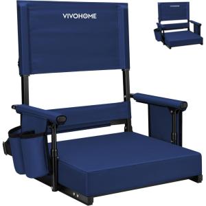 imageVIVOHOME Height Adjustable High Back Stadium Seat with Back Support and Cushion Portable Bleacher Chair with Cup Holder and Shoulder Strap Comfortable for Various Sports Events PurpleNavy Blue