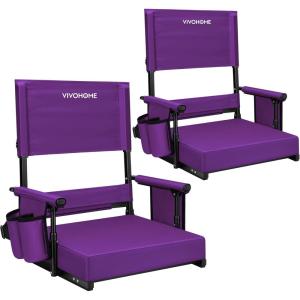 imageVIVOHOME Height Adjustable High Back Stadium Seats with Back Support and Cushion 2 Pack Portable Bleacher Chairs with Cup Holder and Shoulder Strap Comfortable for Various Sports Events GrayPurple