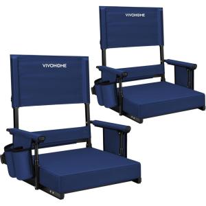 imageVIVOHOME Height Adjustable High Back Stadium Seats with Back Support and Cushion 2 Pack Portable Bleacher Chairs with Cup Holder and Shoulder Strap Comfortable for Various Sports Events GrayNavy Blue