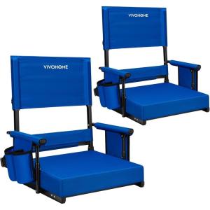 imageVIVOHOME Height Adjustable High Back Stadium Seats with Back Support and Cushion 2 Pack Portable Bleacher Chairs with Cup Holder and Shoulder Strap Comfortable for Various Sports Events GrayBlue