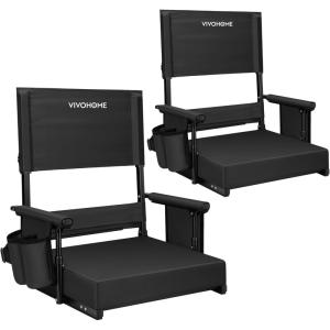 imageVIVOHOME Height Adjustable High Back Stadium Seats with Back Support and Cushion 2 Pack Portable Bleacher Chairs with Cup Holder and Shoulder Strap Comfortable for Various Sports Events GrayBlack