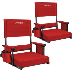 imageVIVOHOME Height Adjustable High Back Stadium Seats with Back Support and Cushion 2 Pack Portable Bleacher Chairs with Cup Holder and Shoulder Strap Comfortable for Various Sports Events GrayRed