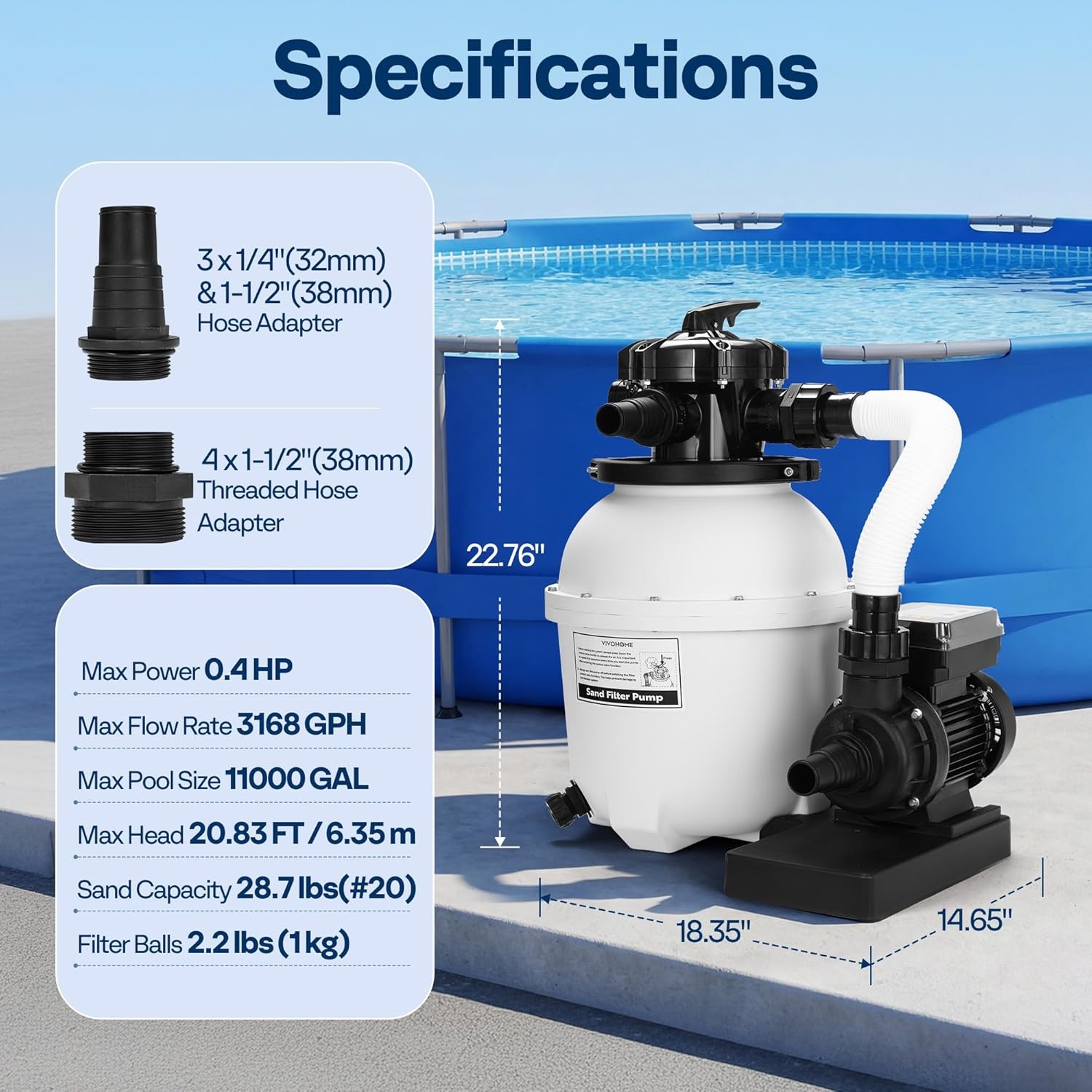 image:imageVIVOHOME 12 in Sand Filter Pump for Above Ground Pool 04 HP 3168 GPH Swimming Pool Filter System with 24H Timer amp 6Way Valve HighEfficiency Filtration for Pools Up to 11000 Gallons12 in  3168 GPH  04 HP
