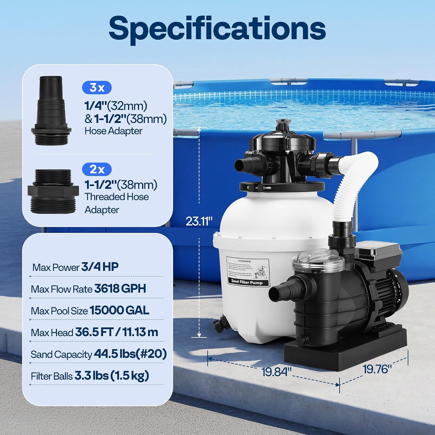 image:imageVIVOHOME 12 in Sand Filter Pump for Above Ground Pool 04 HP 3168 GPH Swimming Pool Filter System with 24H Timer amp 6Way Valve HighEfficiency Filtration for Pools Up to 11000 Gallons13 in  3618 GPH  075 HP