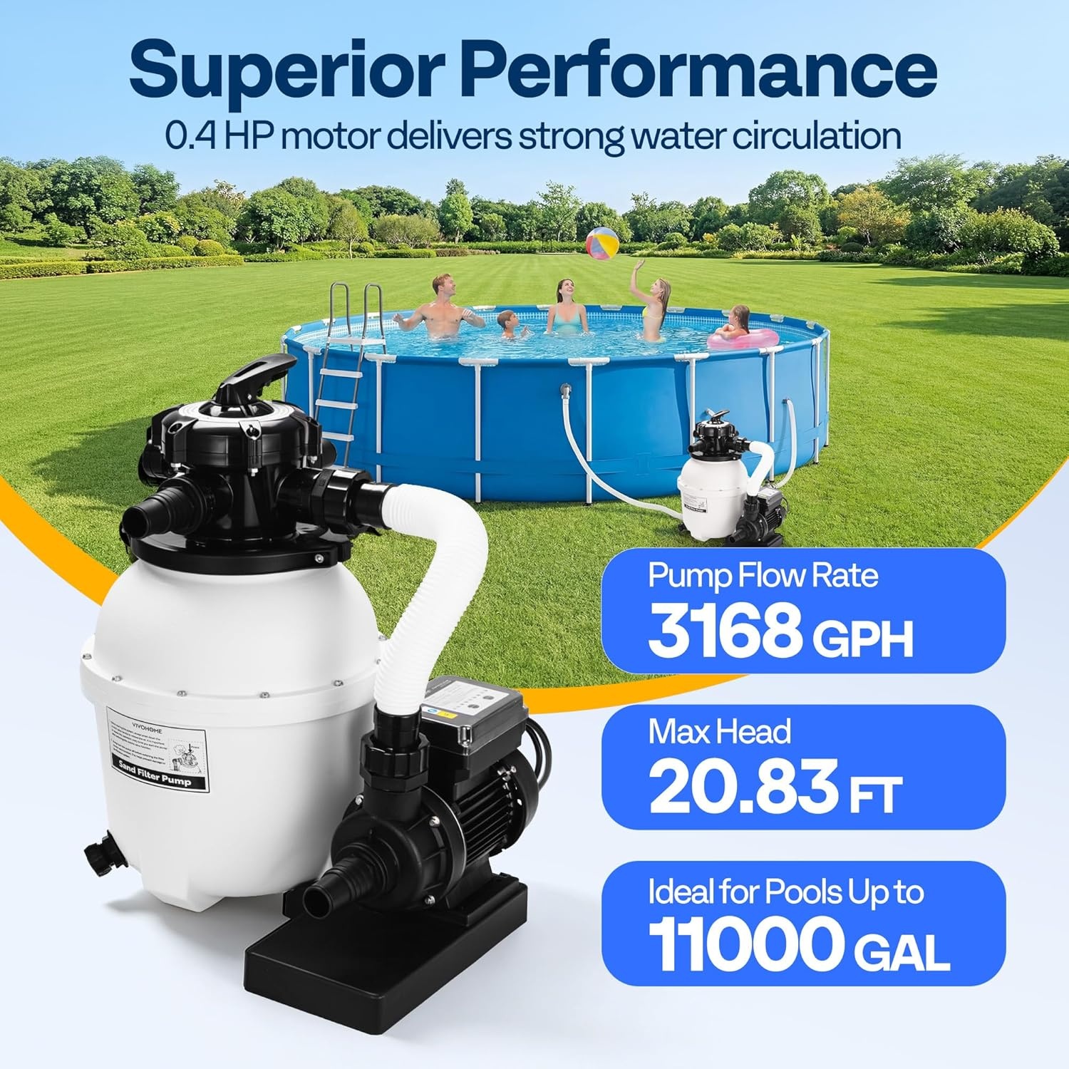 image:imageVIVOHOME 12 in Sand Filter Pump for Above Ground Pool 04 HP 3168 GPH Swimming Pool Filter System with 24H Timer amp 6Way Valve HighEfficiency Filtration for Pools Up to 11000 Gallons12 in  3168 GPH  04 HP