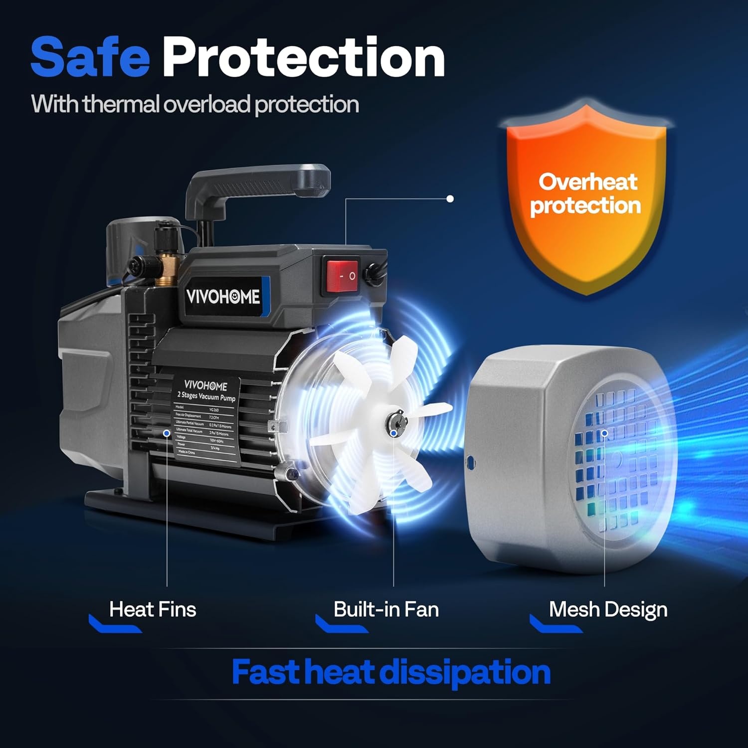 image:imageVIVOHOME 34 HP 72 CFM 2 Stage A2L HVAC Vacuum Pump Sparkless Motor for R32 R1234yf R454B R134a R22 R410a Systems Auto AC Vacuum Pump for Air Conditioner Resin Degassing with Oil Bottle72 CFM
