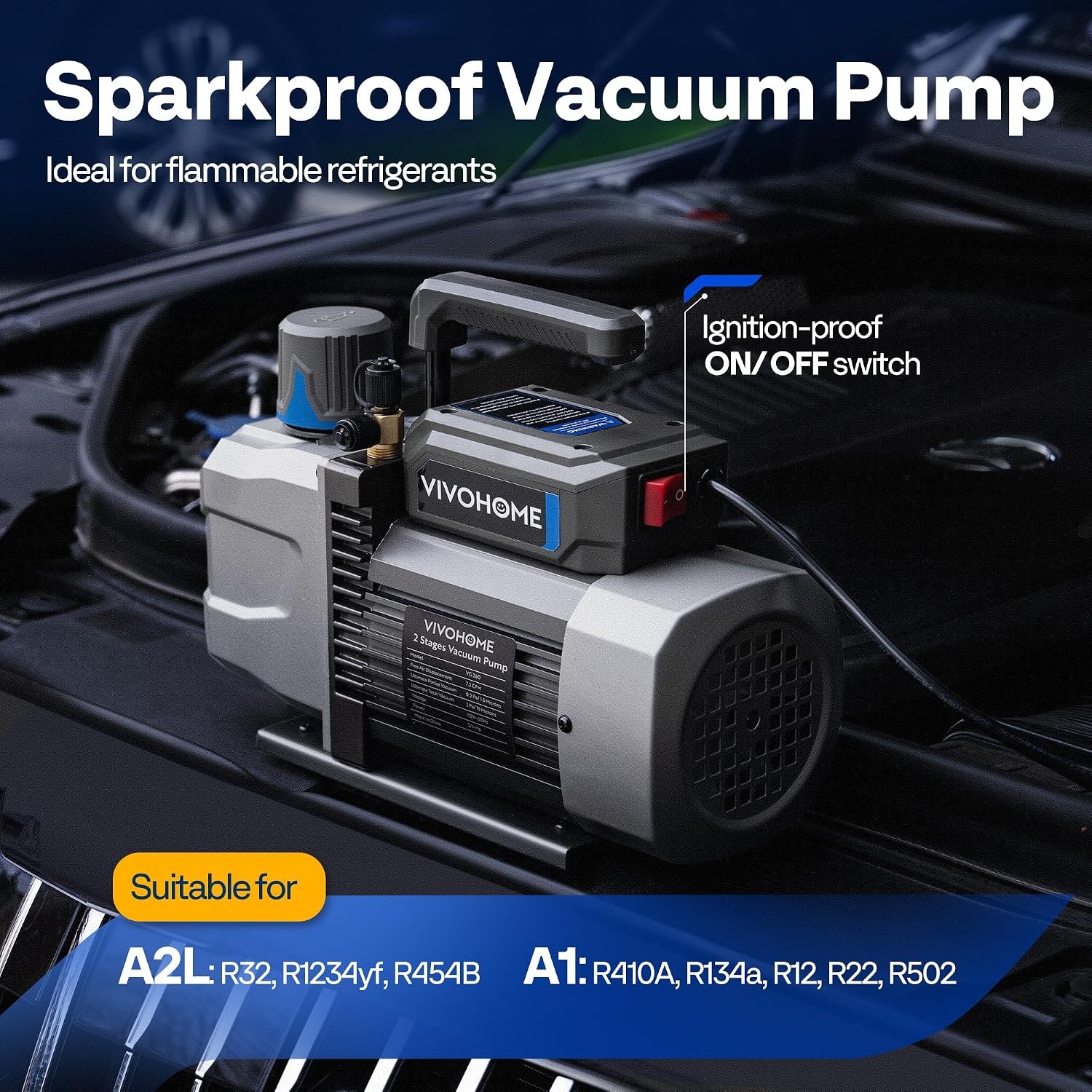 image:imageVIVOHOME 34 HP 72 CFM 2 Stage A2L HVAC Vacuum Pump Sparkless Motor for R32 R1234yf R454B R134a R22 R410a Systems Auto AC Vacuum Pump for Air Conditioner Resin Degassing with Oil Bottle72 CFM