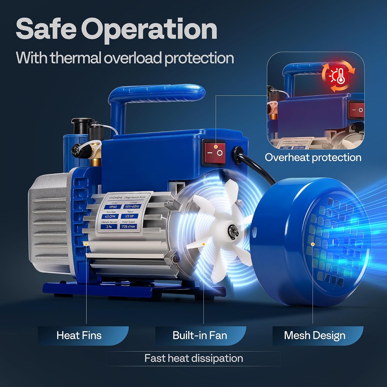 image:imageVIVOHOME 34 HP 72 CFM 2 Stage A2L HVAC Vacuum Pump Sparkless Motor for R32 R1234yf R454B R134a R22 R410a Systems Auto AC Vacuum Pump for Air Conditioner Resin Degassing with Oil Bottle45 CFM