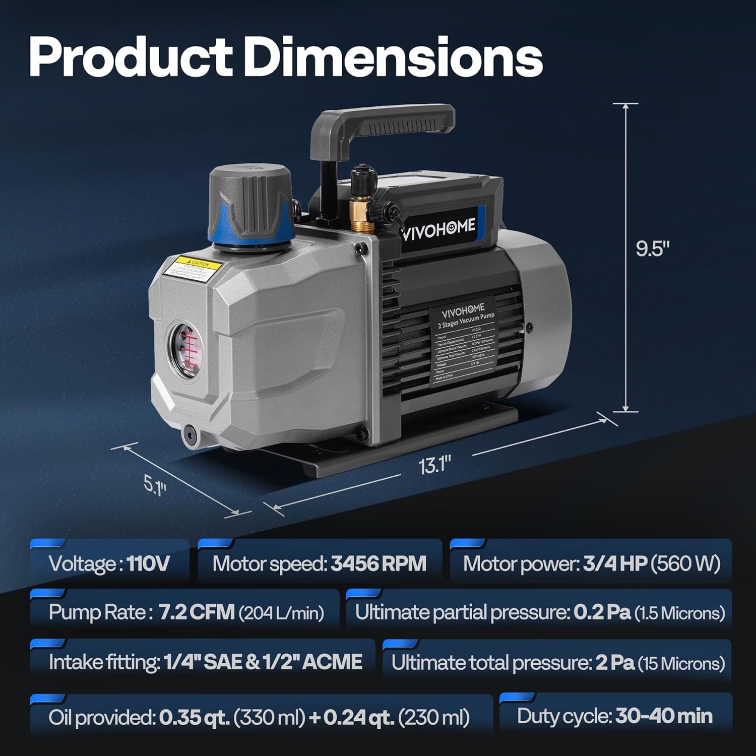 image:imageVIVOHOME 34 HP 72 CFM 2 Stage A2L HVAC Vacuum Pump Sparkless Motor for R32 R1234yf R454B R134a R22 R410a Systems Auto AC Vacuum Pump for Air Conditioner Resin Degassing with Oil Bottle72 CFM