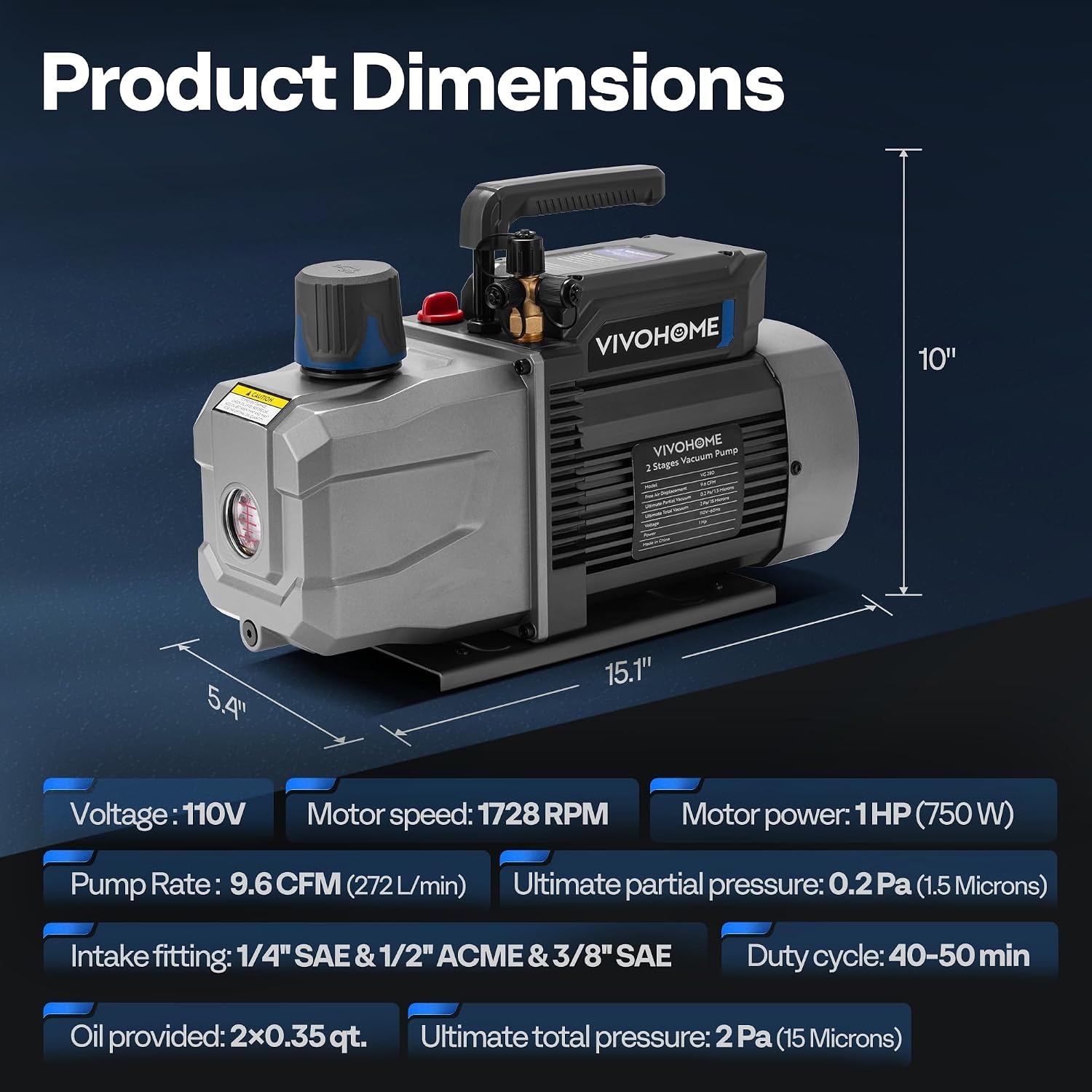 image:imageVIVOHOME 34 HP 72 CFM 2 Stage A2L HVAC Vacuum Pump Sparkless Motor for R32 R1234yf R454B R134a R22 R410a Systems Auto AC Vacuum Pump for Air Conditioner Resin Degassing with Oil Bottle96 CFM