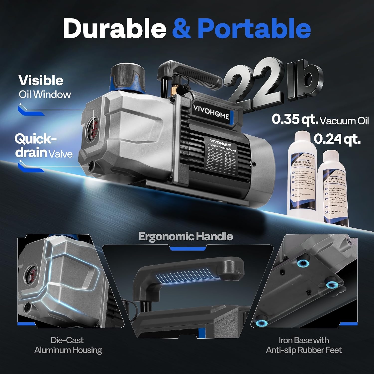 image:imageVIVOHOME 34 HP 72 CFM 2 Stage A2L HVAC Vacuum Pump Sparkless Motor for R32 R1234yf R454B R134a R22 R410a Systems Auto AC Vacuum Pump for Air Conditioner Resin Degassing with Oil Bottle72 CFM