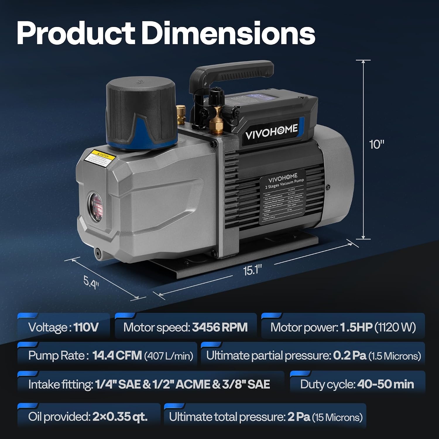 image:imageVIVOHOME 34 HP 72 CFM 2 Stage A2L HVAC Vacuum Pump Sparkless Motor for R32 R1234yf R454B R134a R22 R410a Systems Auto AC Vacuum Pump for Air Conditioner Resin Degassing with Oil Bottle144 CFM