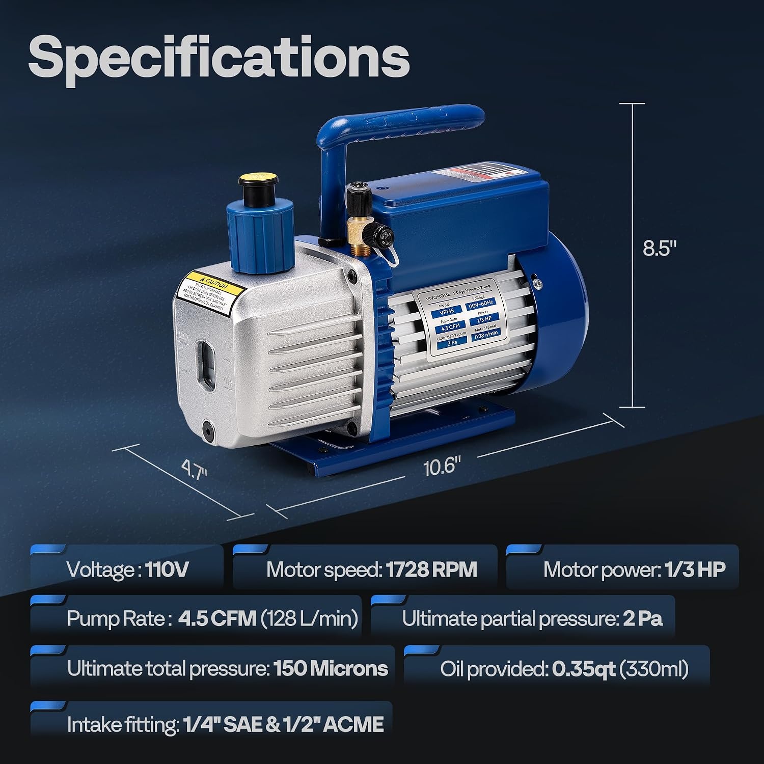 image:imageVIVOHOME 34 HP 72 CFM 2 Stage A2L HVAC Vacuum Pump Sparkless Motor for R32 R1234yf R454B R134a R22 R410a Systems Auto AC Vacuum Pump for Air Conditioner Resin Degassing with Oil Bottle45 CFM