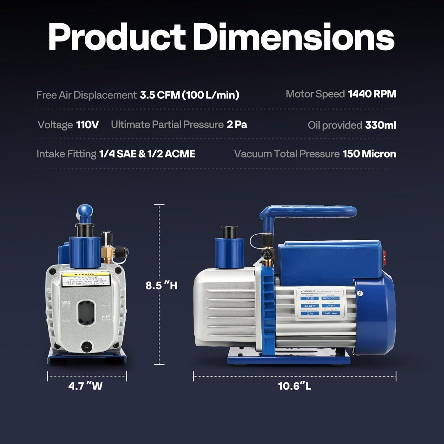 image:imageVIVOHOME 34 HP 72 CFM 2 Stage A2L HVAC Vacuum Pump Sparkless Motor for R32 R1234yf R454B R134a R22 R410a Systems Auto AC Vacuum Pump for Air Conditioner Resin Degassing with Oil Bottle35 CFM