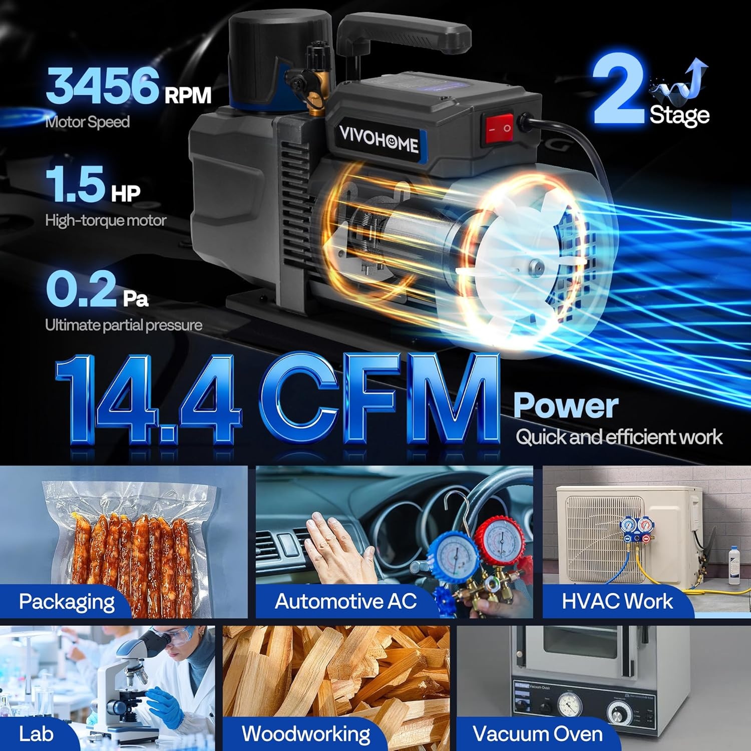 image:imageVIVOHOME 34 HP 72 CFM 2 Stage A2L HVAC Vacuum Pump Sparkless Motor for R32 R1234yf R454B R134a R22 R410a Systems Auto AC Vacuum Pump for Air Conditioner Resin Degassing with Oil Bottle144 CFM