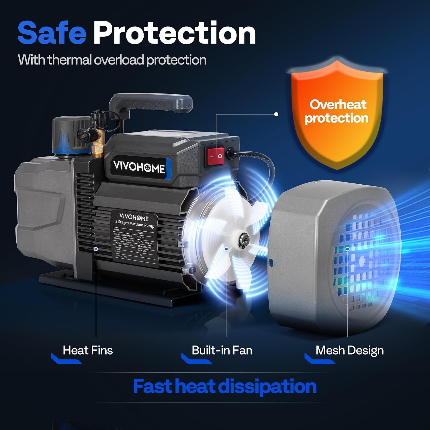 image:imageVIVOHOME 34 HP 72 CFM 2 Stage A2L HVAC Vacuum Pump Sparkless Motor for R32 R1234yf R454B R134a R22 R410a Systems Auto AC Vacuum Pump for Air Conditioner Resin Degassing with Oil Bottle96 CFM