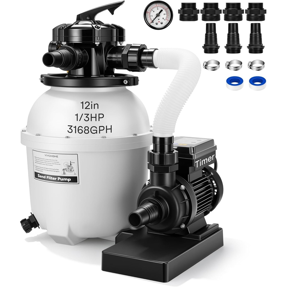 image:imageVIVOHOME 12 in Sand Filter Pump for Above Ground Pool 04 HP 3168 GPH Swimming Pool Filter System with 24H Timer amp 6Way Valve HighEfficiency Filtration for Pools Up to 11000 Gallons12 in  3168 GPH  04 HP