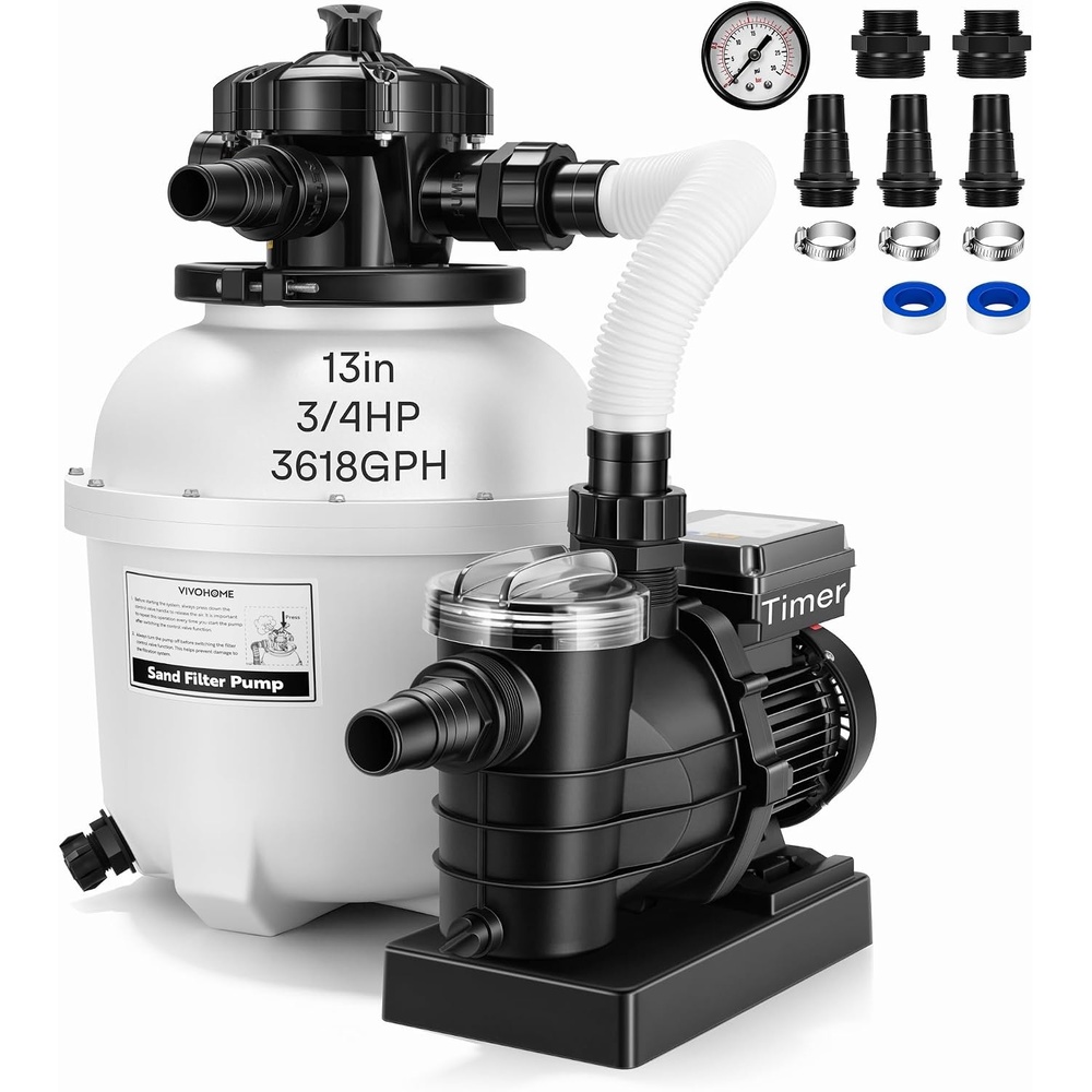 image:imageVIVOHOME 12 in Sand Filter Pump for Above Ground Pool 04 HP 3168 GPH Swimming Pool Filter System with 24H Timer amp 6Way Valve HighEfficiency Filtration for Pools Up to 11000 Gallons13 in  3618 GPH  075 HP
