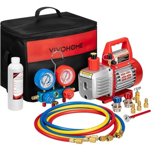 image:imageVIVOHOME 13 HP 45CFM 1 Stage HVAC Vacuum Pump and 4 Way AC Manifold Gauge  110V AC Vacuum Pump Kit with Leak Detector 5ft Hoses for R134a R12 R22 R502 R410a Air Conditioning Refrigeration Rechargingred