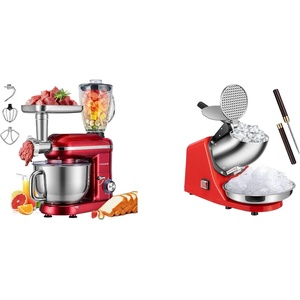 image:imageVIVOHOME Red 3 in 1 Stand Mixer with 6 Quart Bowl and Meat Grinder Blender Attachments and Red Electric Ice Shaver Crusher 143lbs per Hour with Ice Pick
